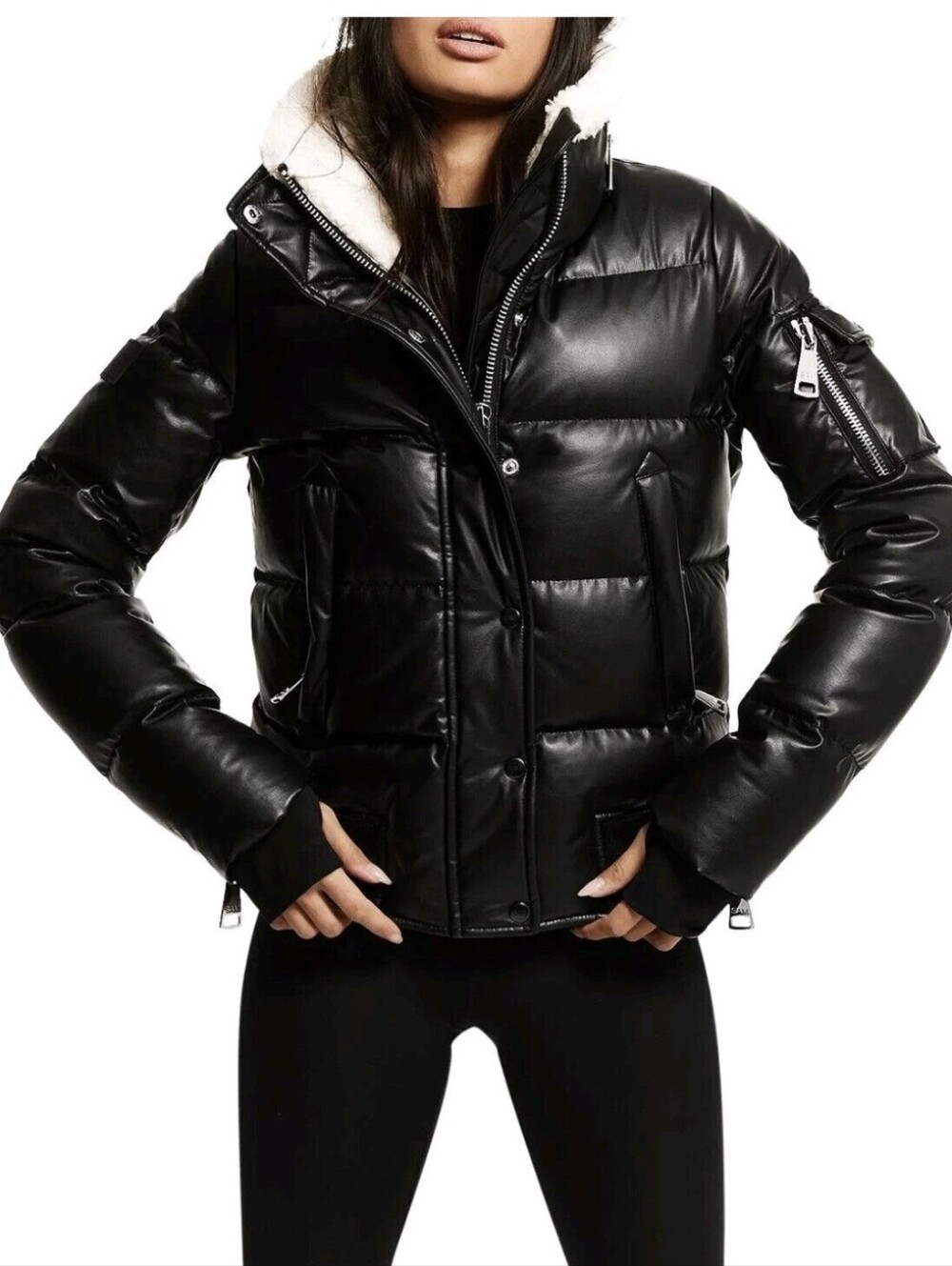 SAM. Allegra Faux Leather Puffer Coat -Black / White Size M